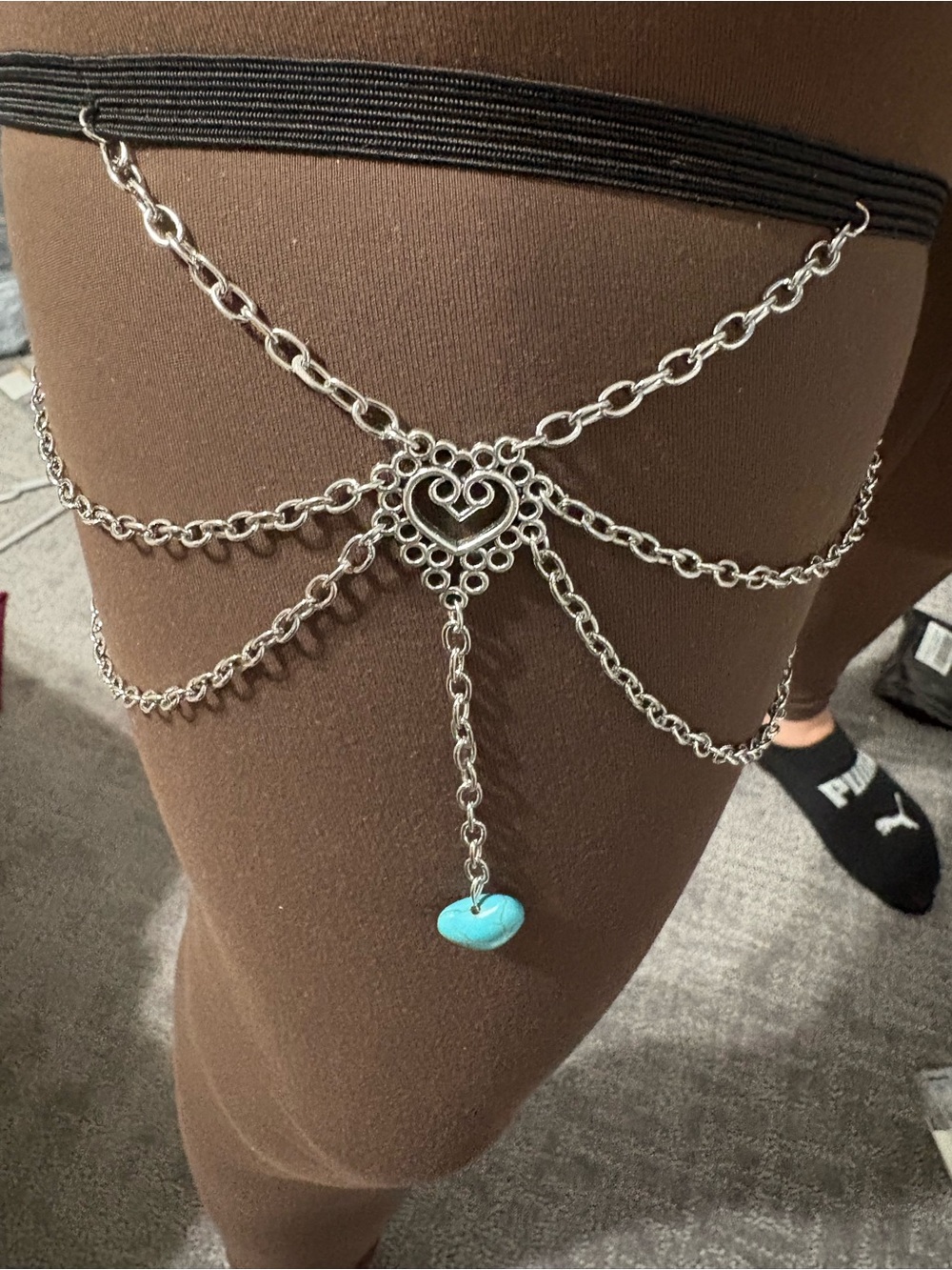 Fashion Jewelry Silver-Tone Heart Chain Leg Harness with Turquoise Charm